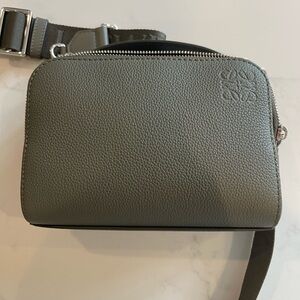Loewe Mini crossbody camera bag in soft grained calfskin. Khaki green color